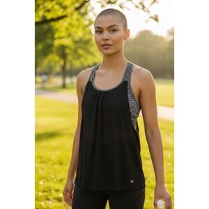 Forever 21‎ Active Layered Mesh Tank Top with Built-In Sports Bra Black Grey M